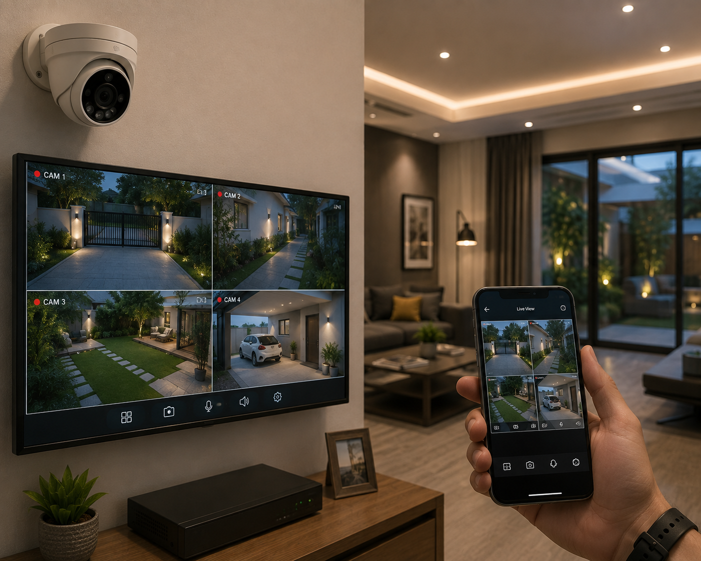 Outdoor home CCTV camera covering the main gate and driveway, viewed live on a mobile app